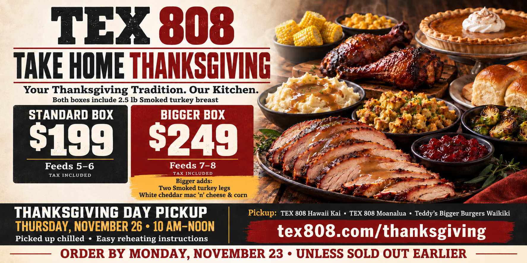 Illustration of sliced smoked turkey breast, turkey legs, Thanksgiving sides, sweet rolls, and pumpkin pie